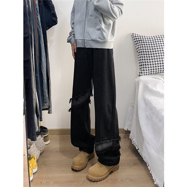 黑色拼接直筒扎染毛边牛仔裤男新款街头vibe宽松阔腿裤M20188-p48,男装牛仔裤,星座1008