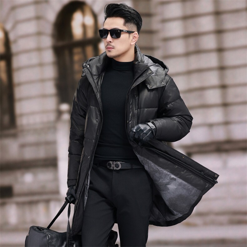 冬季新款真皮羽绒服男头层小牛皮大衣宽松版加厚保暖外套大码连帽，男装羽绒服，电商B360