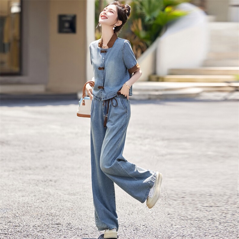 新中式牛仔时尚套装女2025夏季爆款小个子复古显瘦休闲国风两件套,女装套装/套裙,欣品汇