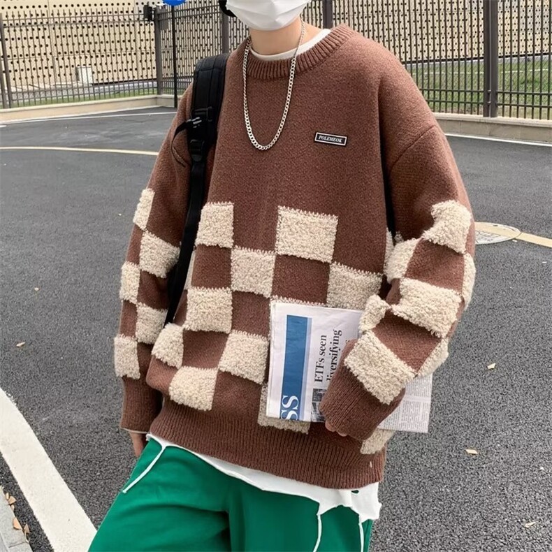 美式棋盘格毛衣男冬季高级感网红痞帅外套潮慵懒针织衫MY204P50，男装针织衫/毛衣，星座1116-2