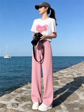 女夏新款韩版运动休闲套装圆领爱心印花镶钻T恤粉色阔腿裤两件套，女装套装/套裙，江南