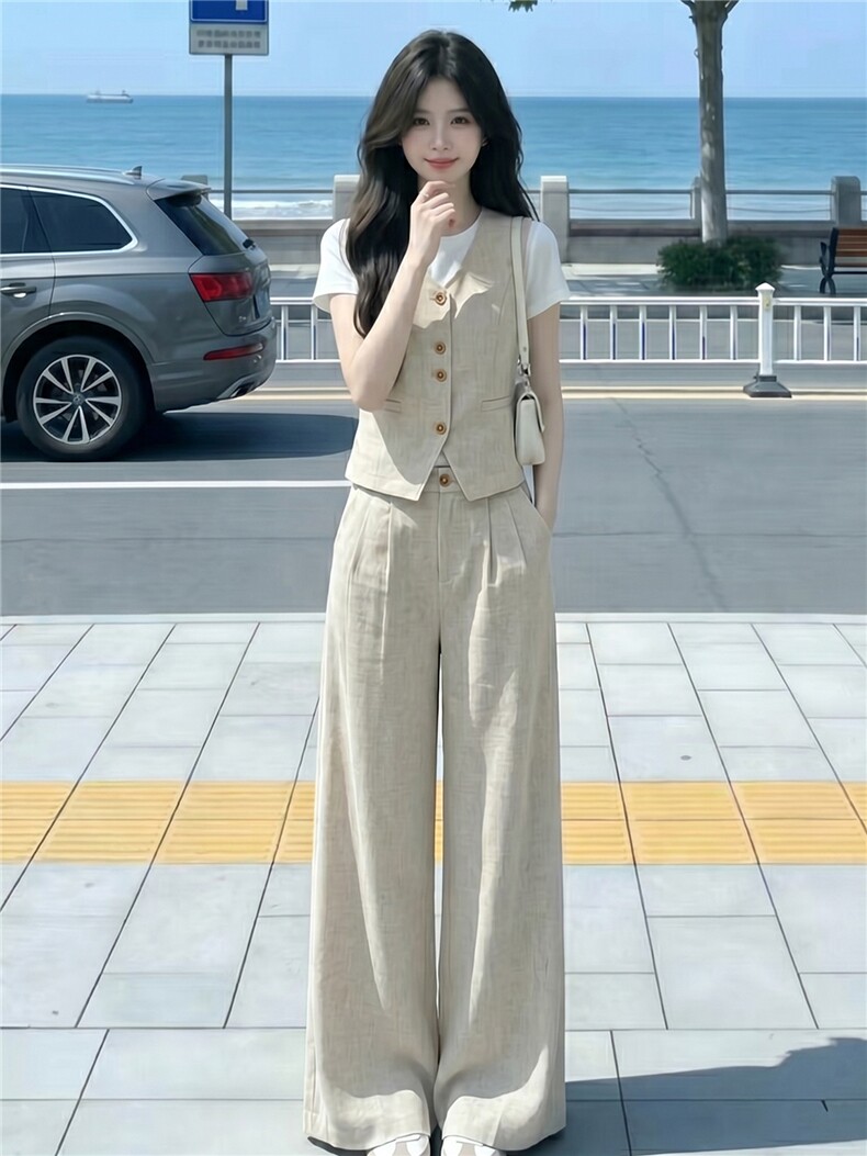韩版休闲运动套装女款圆领纽扣马甲上衣内搭白色T恤阔腿裤三件套,女装套装/套裙,江南