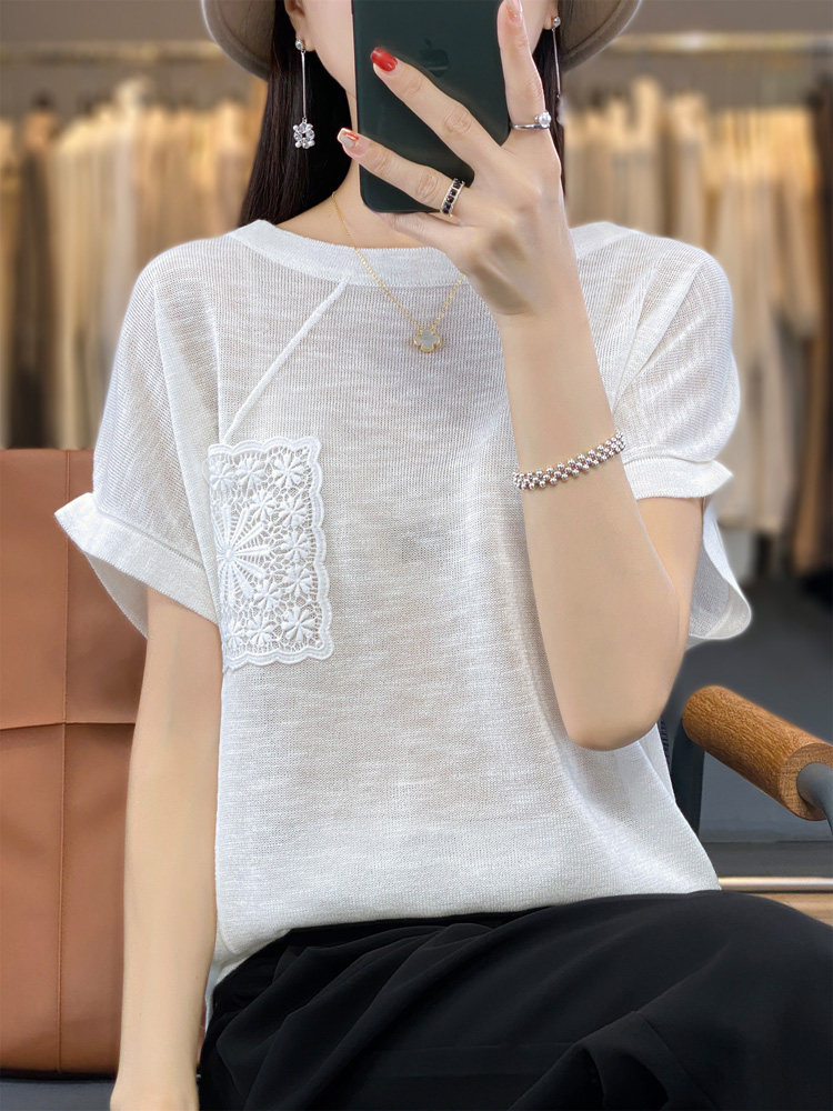 夏季薄款竹节麻短袖韩版冰丝t恤女针织衫时尚上衣设计感小众外穿,针织衫/毛衣,鄂维那特