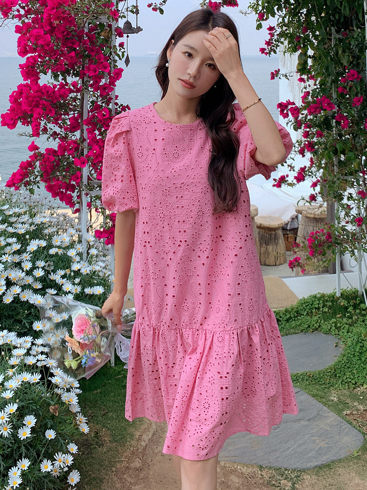 今年流行小个子白色连衣裙夏季女2025新款法式茶歇镂空中长款裙子,女装连衣裙,浙宝192（原082）