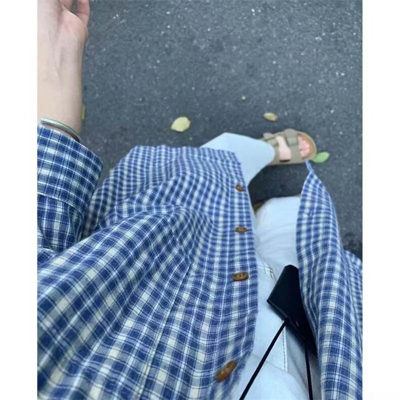韩系蓝色格子长袖衬衫男女宽松慵懒风衬衣特批2648-CS37,男装衬衫,星座402-2