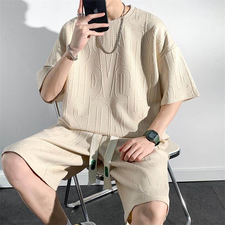 特批P45无差价夏大码开叉字母短袖T恤男潮牌五分裤两件套装TZ038,男装T恤,电商A001