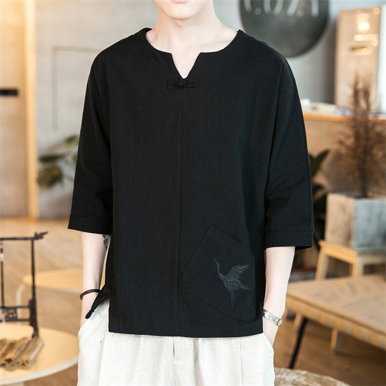 587P45咖啡厅风亚麻宽松百搭盘扣七分袖T恤加大码，男装T恤，电商A026