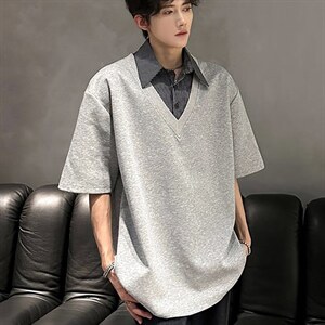 夏季拼接假两件短袖POLO衫男女潮牌宽松情侣休闲百搭T恤，男装T恤，星座715-4