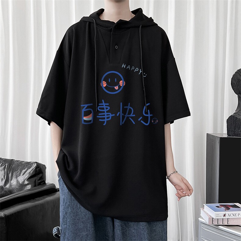 LD54183-P45连帽短袖t恤男大码胖子带帽五分袖中袖,男装T恤,电商A040