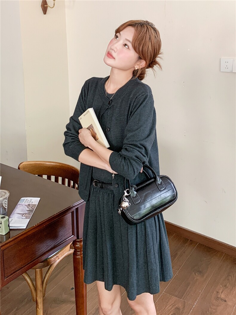 针织开衫+百褶背心连衣裙两件套装2C267-929-P120-K198,女装套装/套裙,茵姿媚