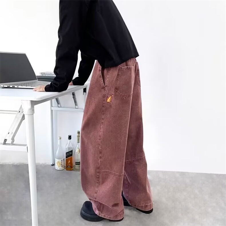 秋季潮流修身休闲裤酒红色直筒弹力休闲裤男士秋冬酒红色牛仔男裤图片