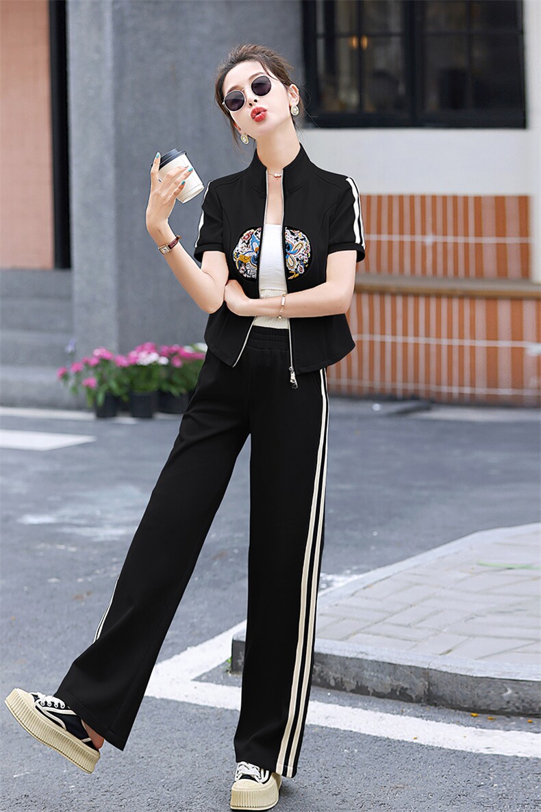 新中式刺绣两件套女2024夏季新款时尚气质百搭显瘦阔腿裤休闲套装,女装套装/套裙,梦依杭