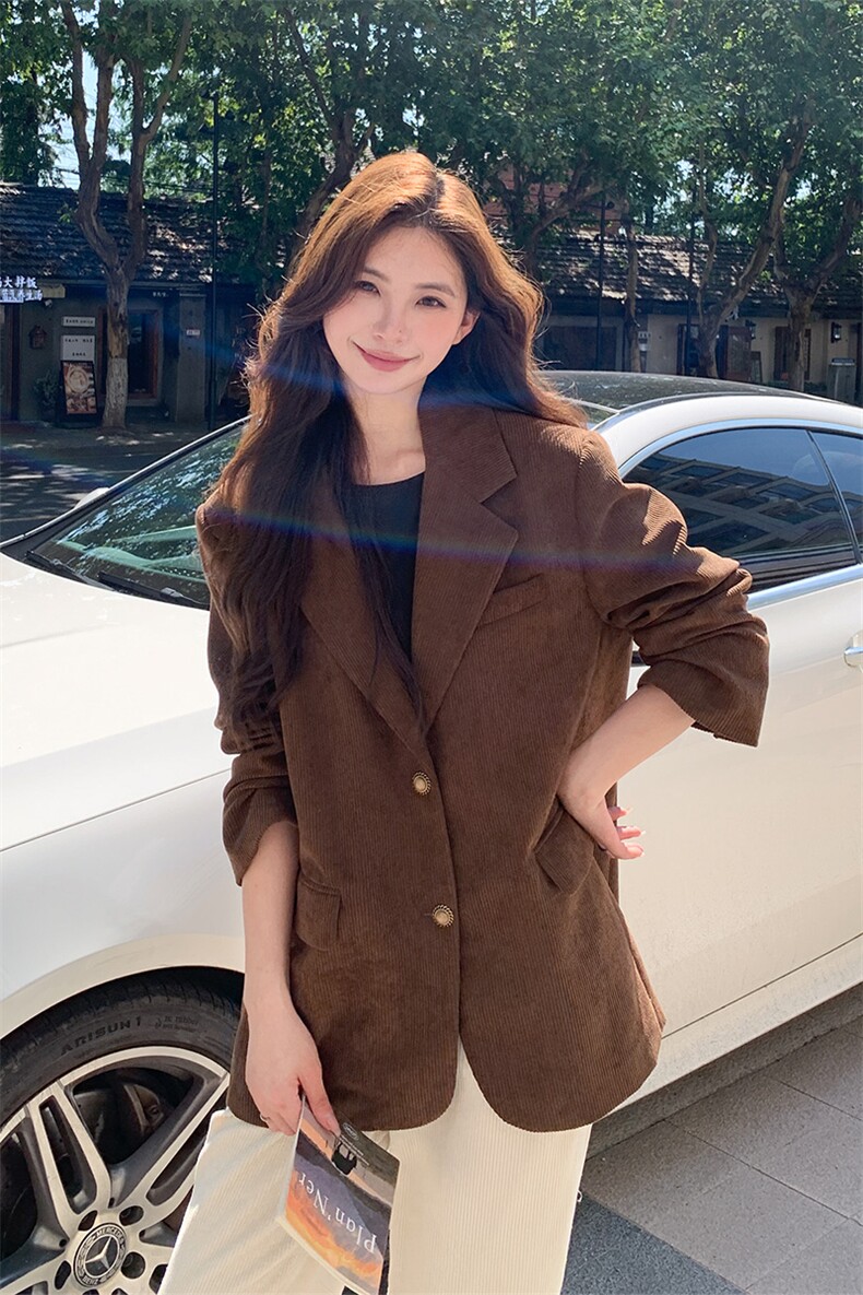 复古蒙德拉灯芯绒咖色西装外套2024春秋女高级感宽松休闲百搭上衣,女装西装,浙宝281