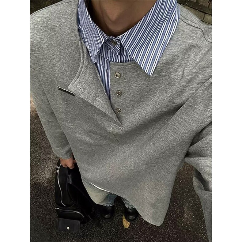 假两件纽扣短袖polo衫男秋季潮流宽松拼接条纹翻领t恤半袖上衣服，男装Polo衫，星座813-2