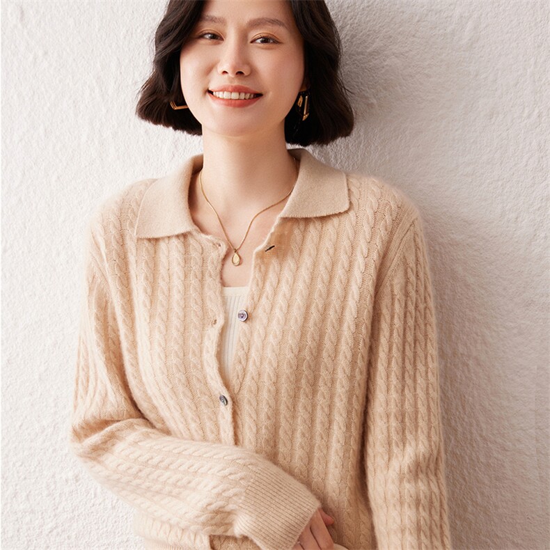 2025春秋新款羊绒衫女100纯山羊绒翻领长袖针织开衫毛衣休闲上衣图片