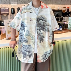 控价59扎染花衬衫水墨印花风衬衫多色宽松短袖衬衫CS890P35，男装衬衫，电商A128