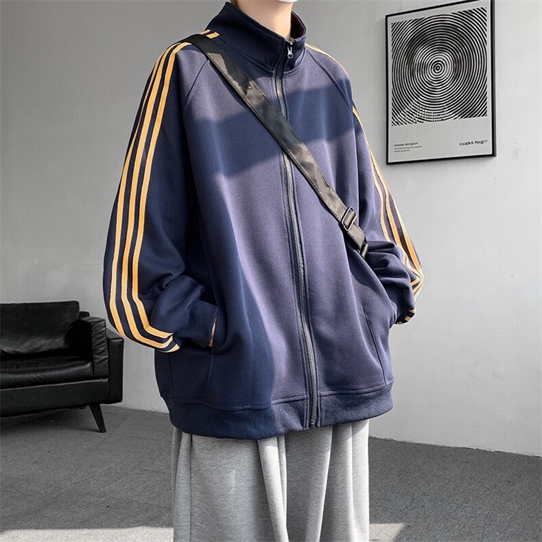 8XL-M三条杠运动卫衣特大码美式条纹立领夹克开衫外套JK5205/P65,男装夹克,电商B238