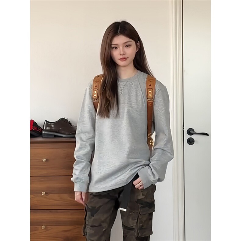 抖音得物品质26春装美式高街宽松曼巴棉螺纹拼接卫衣圆领长袖T恤，男装T恤，电商A443