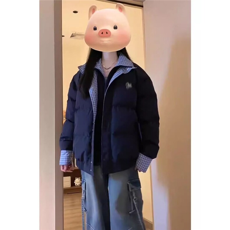 藏青色假两件格子拼接羽绒棉服女冬季2025新款加厚面包服棉衣外套,男装棉衣,星座506A