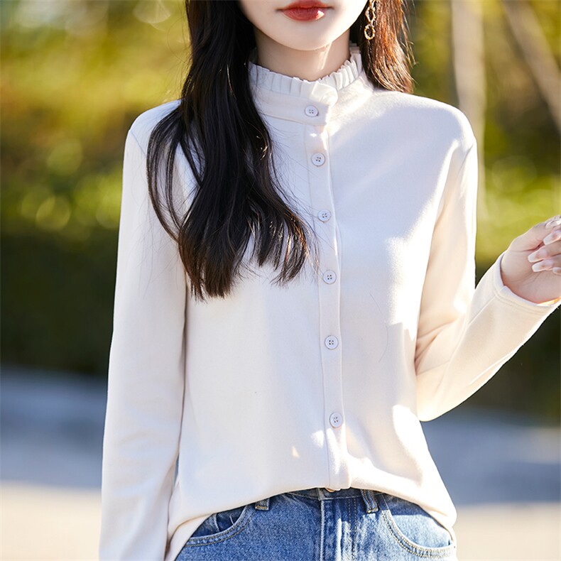 双面磨毛木耳领打底衬衣女2024秋冬加厚保暖叠穿内搭绒衣衬衫上衣图片