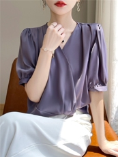 真丝缎面V领暗扣短袖时尚百搭，女装T恤，素语电商供货