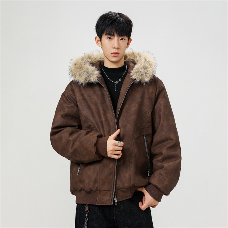现货扎染PU皮棉服男冬季加厚连帽棉衣座山雕大毛领外套M090-P120,男装棉衣,星座308B-2