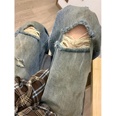 黄泥色水洗做旧破洞牛仔裤夏季薄款宽松乞丐裤KZX05-特P48，男装牛仔裤，星座1007（原301D）