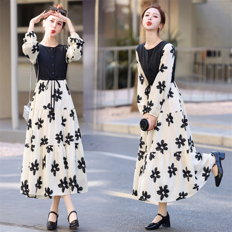 春装2025新款品拼接印花连衣裙子女装开春御姐韩系穿搭裙漂亮碎花，女装连衣裙，韩美纤衣