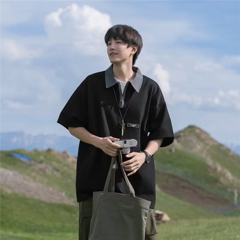wassuphappy半拉链短袖t恤男夏季潮牌美式上衣青少年休闲五分袖,男装T恤,星座1001-1
