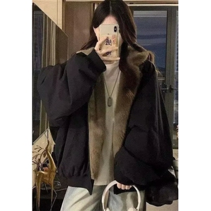 男女款秋冬季小众座山雕毛绒连帽卫衣双面穿外套情侣棉服 MW872图片