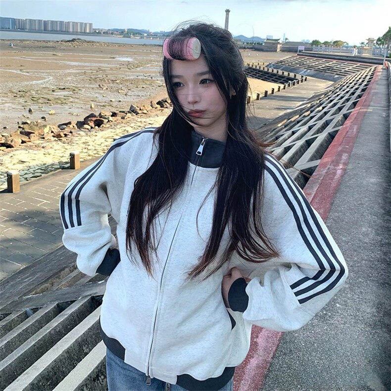 抖音得物高品质美式高街重磅结构设计拼接织带立领卫衣外套CM42，女装短外套，电商A486-1