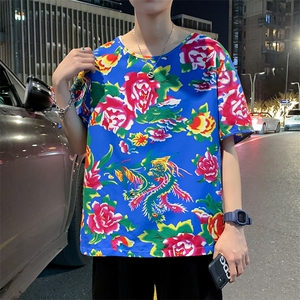 HT203东北大花圆领短袖T恤可套装风民族特色汉服团队服大码男图片