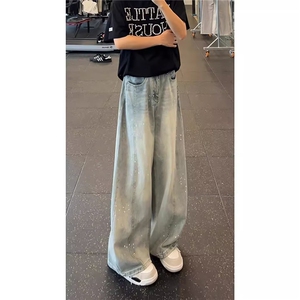 时尚烫钻阔腿牛仔裤女2025新款春夏高级感个性高腰宽松窄版直筒裤图片