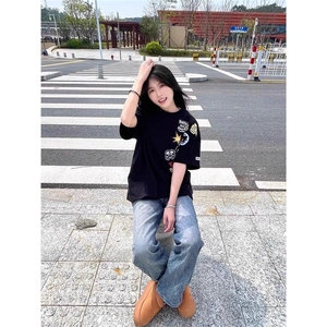 美式复古潮牌涂鸦刺绣短袖T恤男女夏季情侣宽松teeWLT6054-p40图片