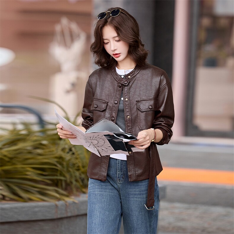 港风机车立领高端皮衣外套女2025春秋季新款休闲系带收腰夹克上衣,女装皮衣,江南女神