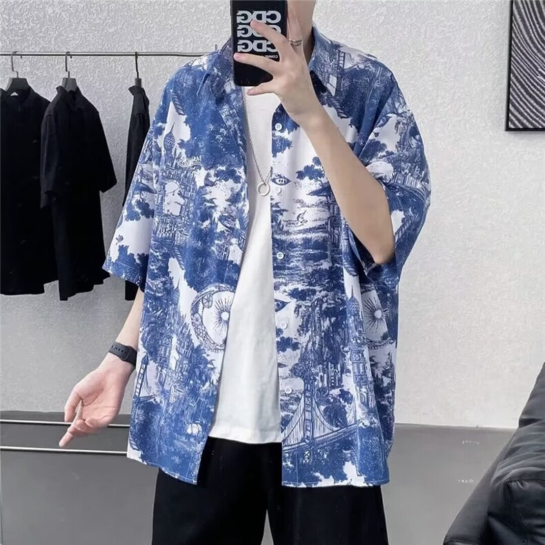 扎染衬衫碎花短袖男夏季潮流薄款帅气宽松衬衣外套 C3340图片