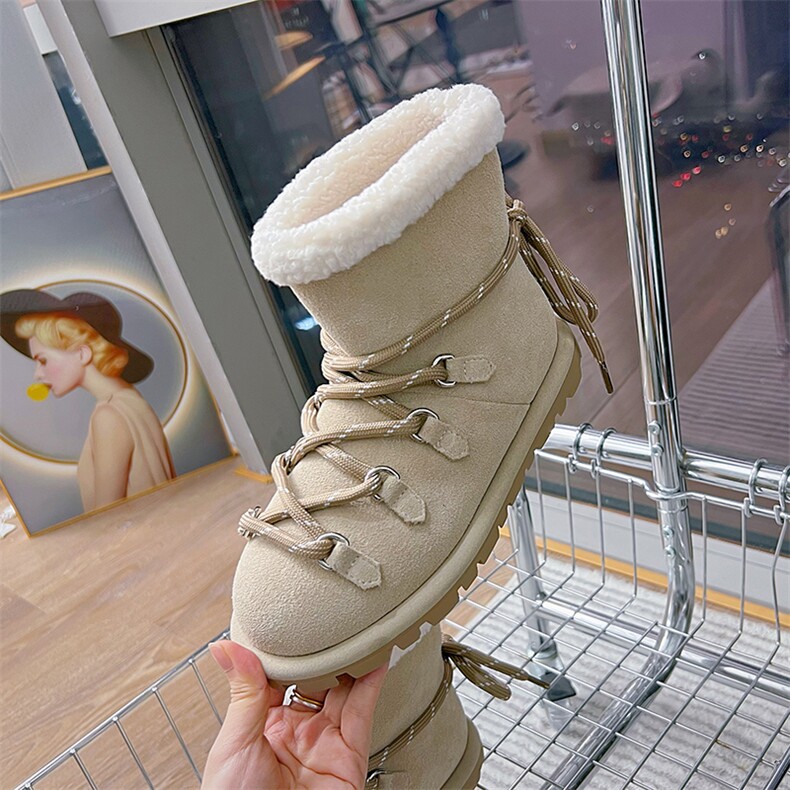 真皮雪地靴女2024冬季新款加绒保暖绑带短靴休闲百搭厚底马丁靴女，女鞋雪地靴，电商A223
