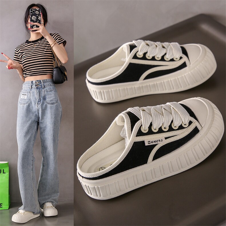 帆布鞋女2024春季新款学生韩版ins百搭厚底半拖板鞋休闲鞋，女鞋拖鞋，电商A223