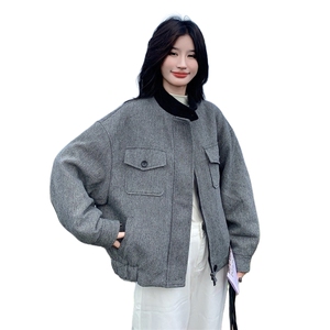 现货：冬装新款复古韩系撞色毛呢羽绒服2C135-8927P285K428图片
