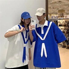 polo衫男短袖t恤宽松半袖ins原宿学生拼色翻领五分袖上衣T535P35图片