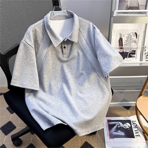 黑色短袖polo衫男款夏季美式拼接正肩t恤cleanfit高级感情侣半袖图片