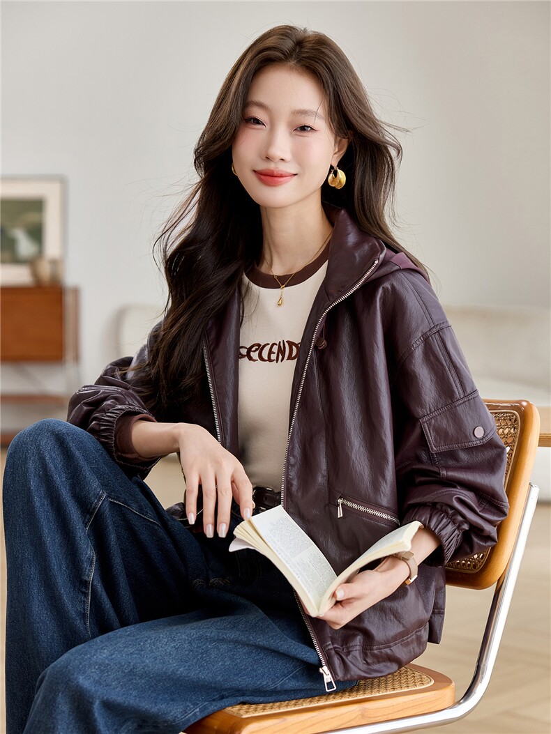 2581休闲连帽皮衣,女装短外套,文熹诺