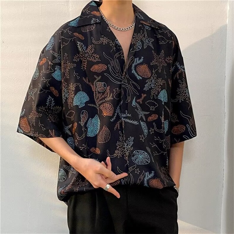 日系五分袖春夏季新款衬衫潮流慵懒男方领宽松型衬衫C1313P30,男装衬衫,星座1116-2