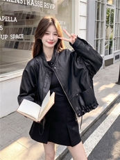现货短款皮衣外套女春秋新款宽松显瘦洋气百搭休闲夹克上衣，女装皮衣，诺蝶
