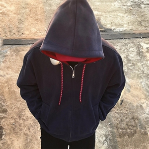 抖音得物二开美式高街重磅结构双层撞色连帽卫衣开衫外套W116图片