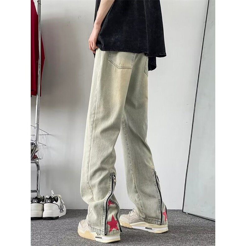 C1070黑色牛仔裤男设计感小众拉链直筒休闲长裤美式复古微喇叭裤图片