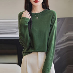 精纺细羊毛针织衫女圆领薄款春宽松长袖桑蚕丝T恤内搭打底衫上衣图片
