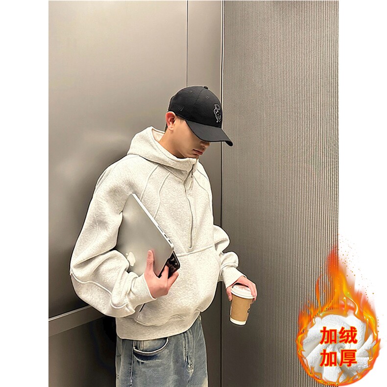 美式潮牌重磅加绒加厚半拉链连帽卫衣男士冬季短款cleanfit套头衫，男装卫衣，四季星座505