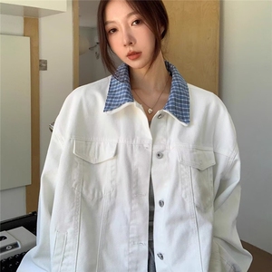 秋冬季新款蓝白格子撞色翻领假两件宽松牛仔夹克男女外套JKC311图片