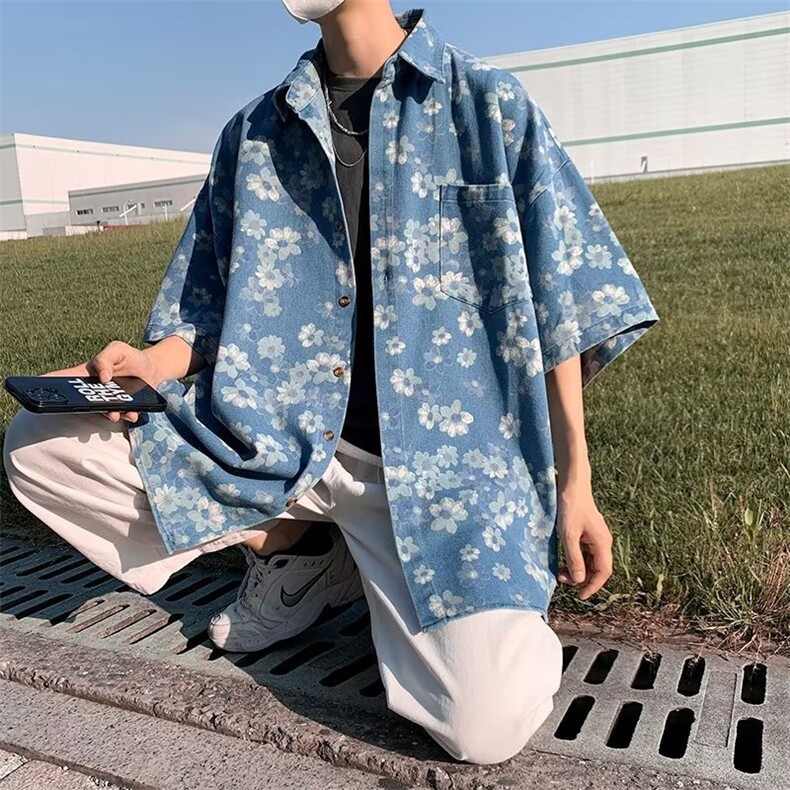 短袖牛仔衬衫男宽松上衣港风韩版菊花五分袖衬衣痞帅外套S126-P50,男装T恤,星座1008-1